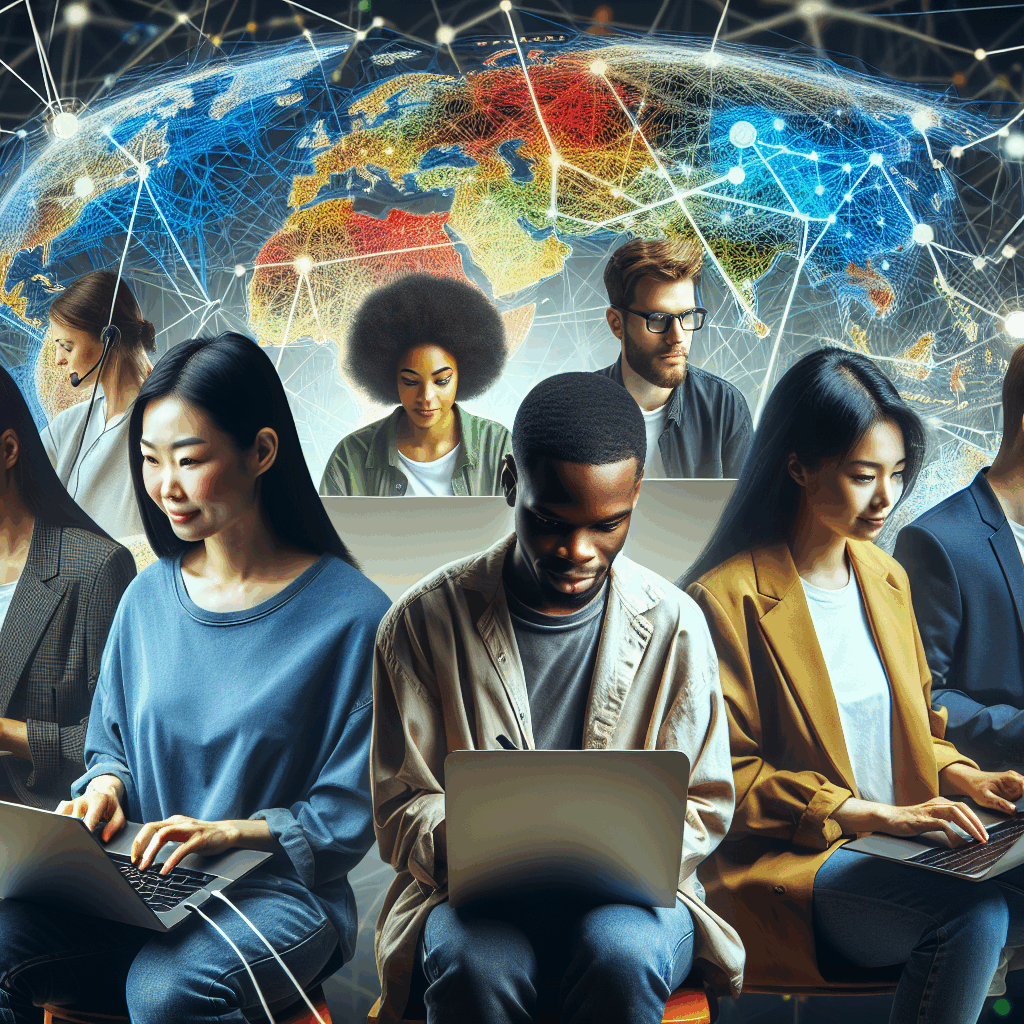 Un gruppo di professionisti che lavorano da remoto su laptop, con uno sfondo che rappresenta la connessione globale e la comunicazione virtuale.