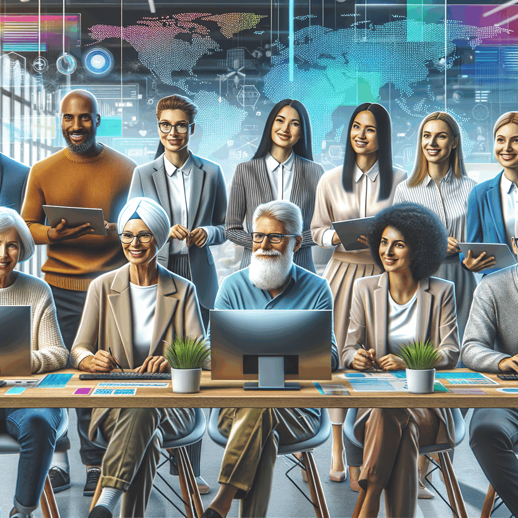 Gruppo di professionisti over 50 in un moderno open space tech, che collaborano su progetti digitali, atmosfera positiva e inclusiva, colori vivaci.