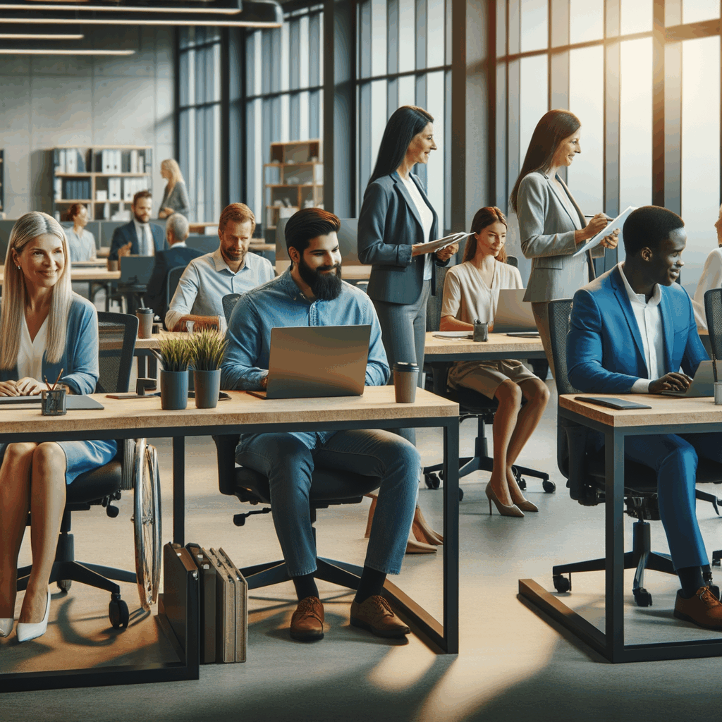 Un moderno ufficio aziendale inclusivo con team eterogeneo, presenza di postazioni adattate e collaborazioni tra colleghi, atmosfera professionale e accogliente