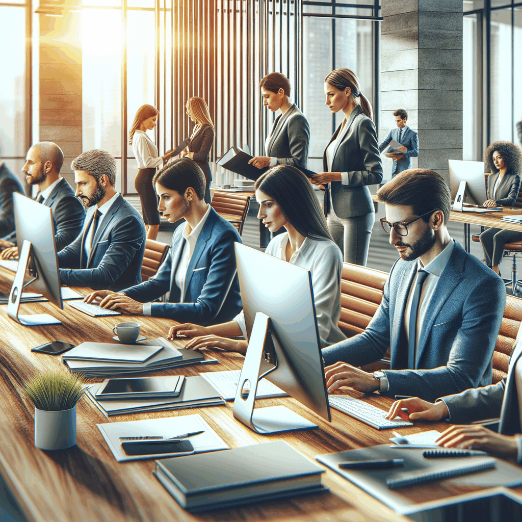 Un team di professionisti italiani in ufficio moderno, alcuni in riunione e altri al computer, con focus su collaborazione e crescita interna