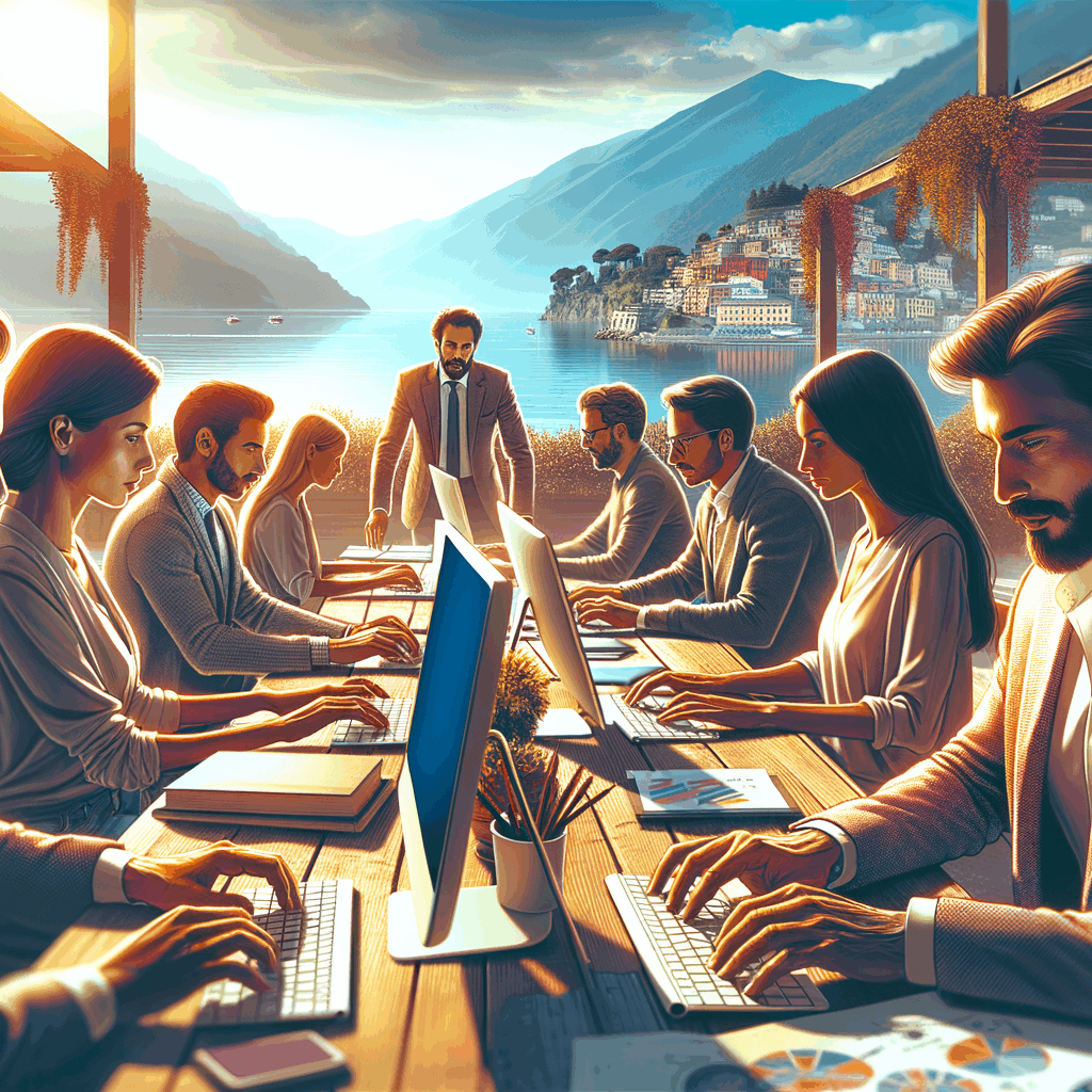 Professionisti italiani che lavorano al computer in una location panoramica, come una terrazza con vista mare o montagna, atmosfera produttiva e rilassata.