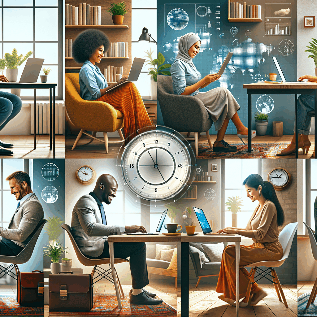 Un team multiculturale che lavora da remoto su laptop, ognuno in ambienti diversi, con un orologio mondiale digitale e strumenti online visibili sugli schermi, stile moderno, colori aziendali