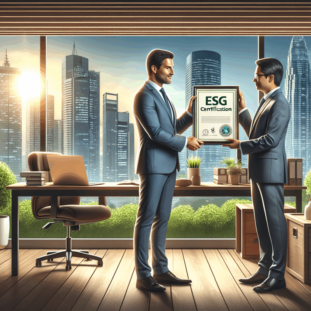 Un professionista che riceve una certificazione ESG in un moderno ufficio, con elementi visivi legati alla sostenibilità e alla crescita di carriera, stile fotografico professionale, rapporto 16:9.