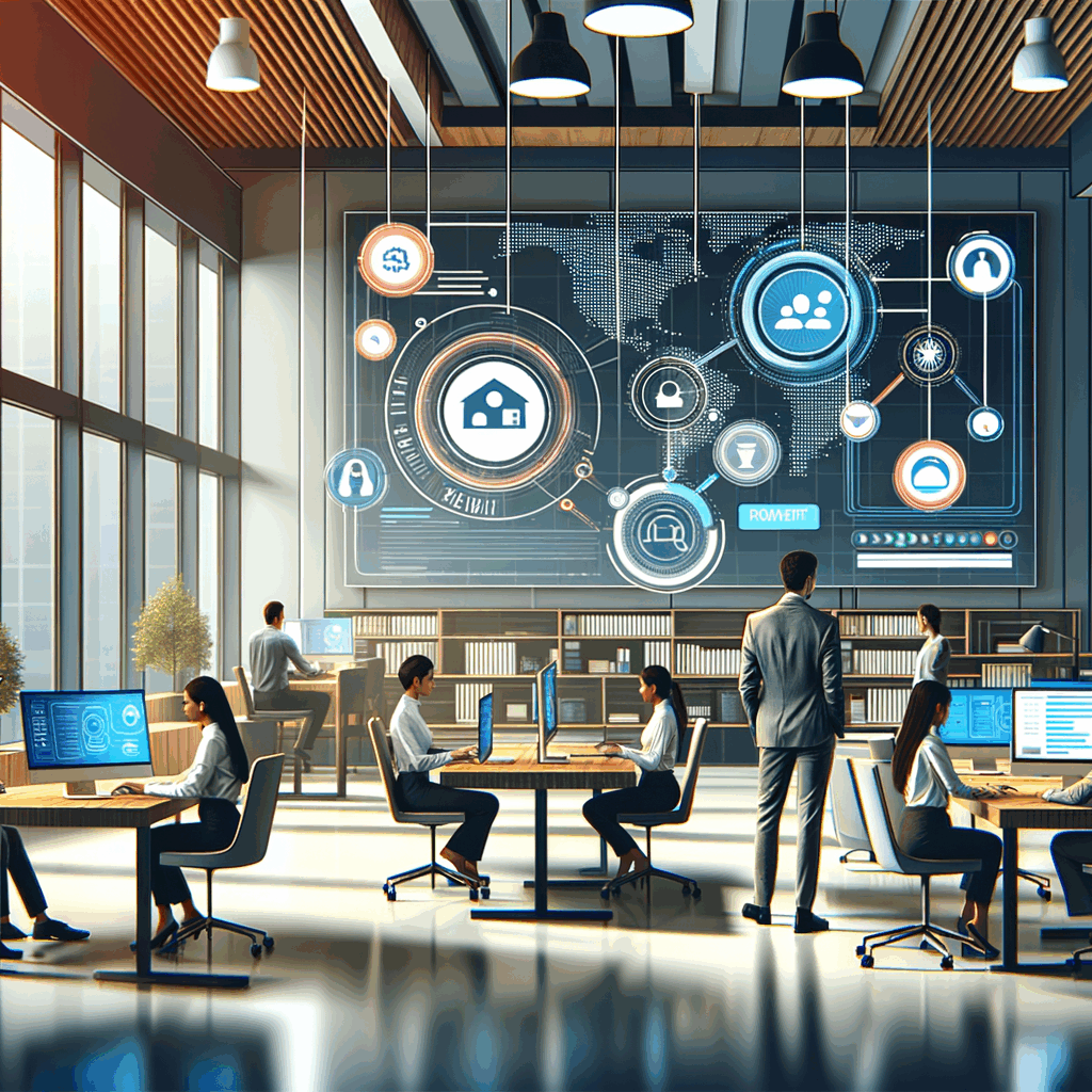 Ufficio moderno con dipendenti che scelgono benefit digitali da una piattaforma, atmosfera collaborativa e colori aziendali, stile fotografico professionale 16:9