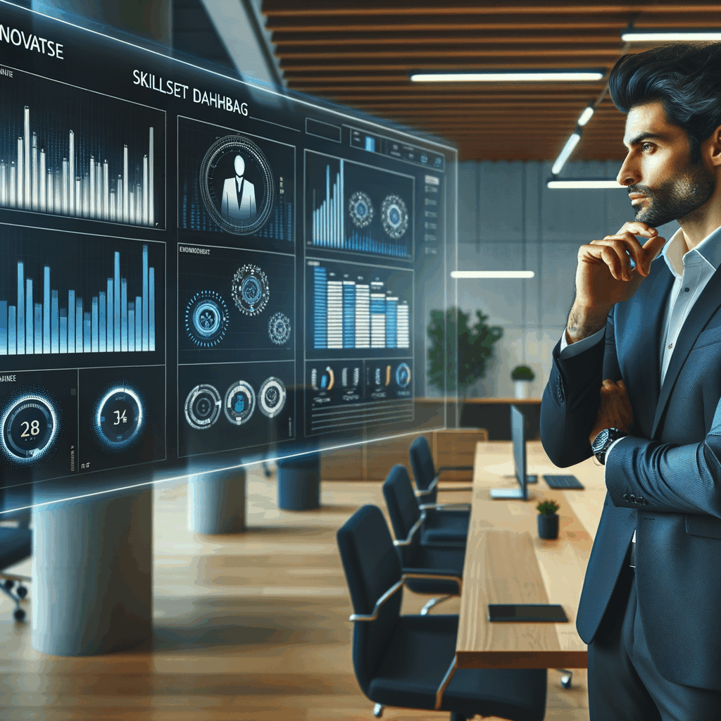 Ufficio moderno italiano con manager HR che analizza dashboard digitali di competenze su schermo, atmosfera innovativa, colori aziendali, mood professionale