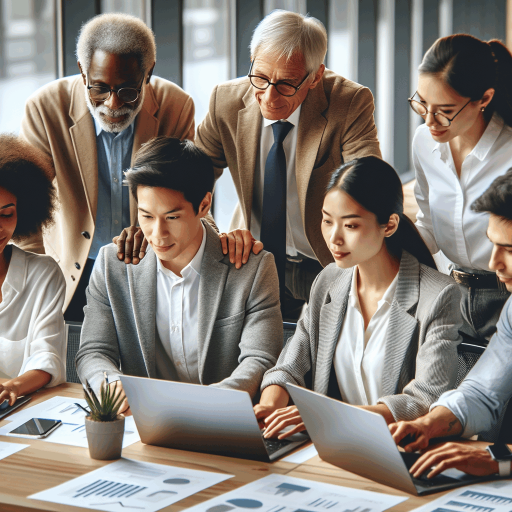 Giovani professionisti in un ufficio moderno, affiancati da mentor senior mentre lavorano insieme su laptop e progetti, atmosfera collaborativa e innovativa