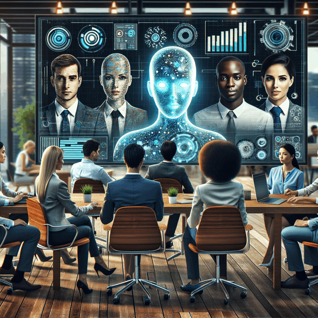 Un team di professionisti in ufficio che lavora insieme a un sistema di intelligenza artificiale visualizzato su uno schermo, atmosfera moderna e collaborativa, colori aziendali