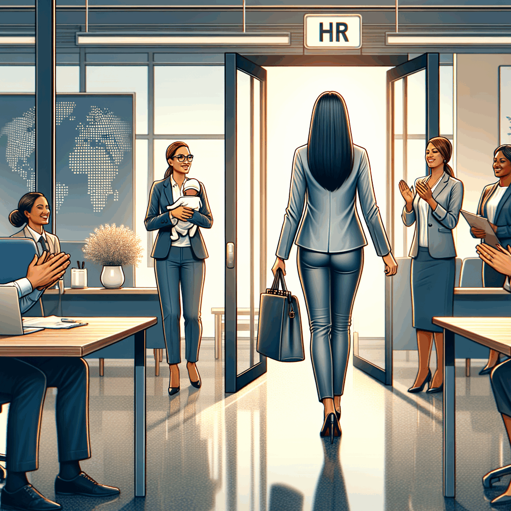 Donna professionista al rientro dalla maternità in ufficio moderno, accolta dal team HR, atmosfera positiva, elementi di tecnologia e inclusione.
