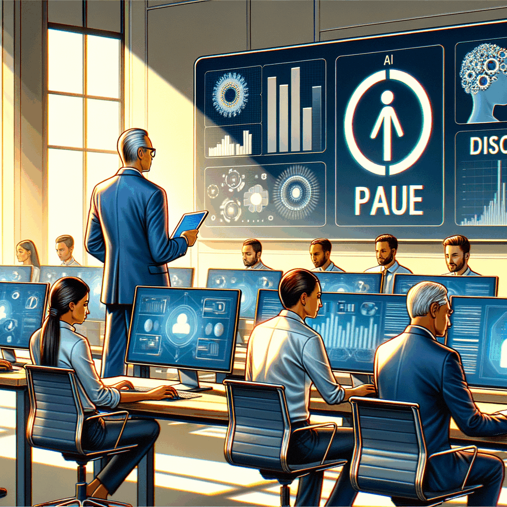 Un manager e un team italiano che lavorano con computer e schermi che mostrano dashboard AI, mentre un timer o un simbolo di pausa indica il diritto alla disconnessione. Luminosità naturale, stile aziendale moderno.