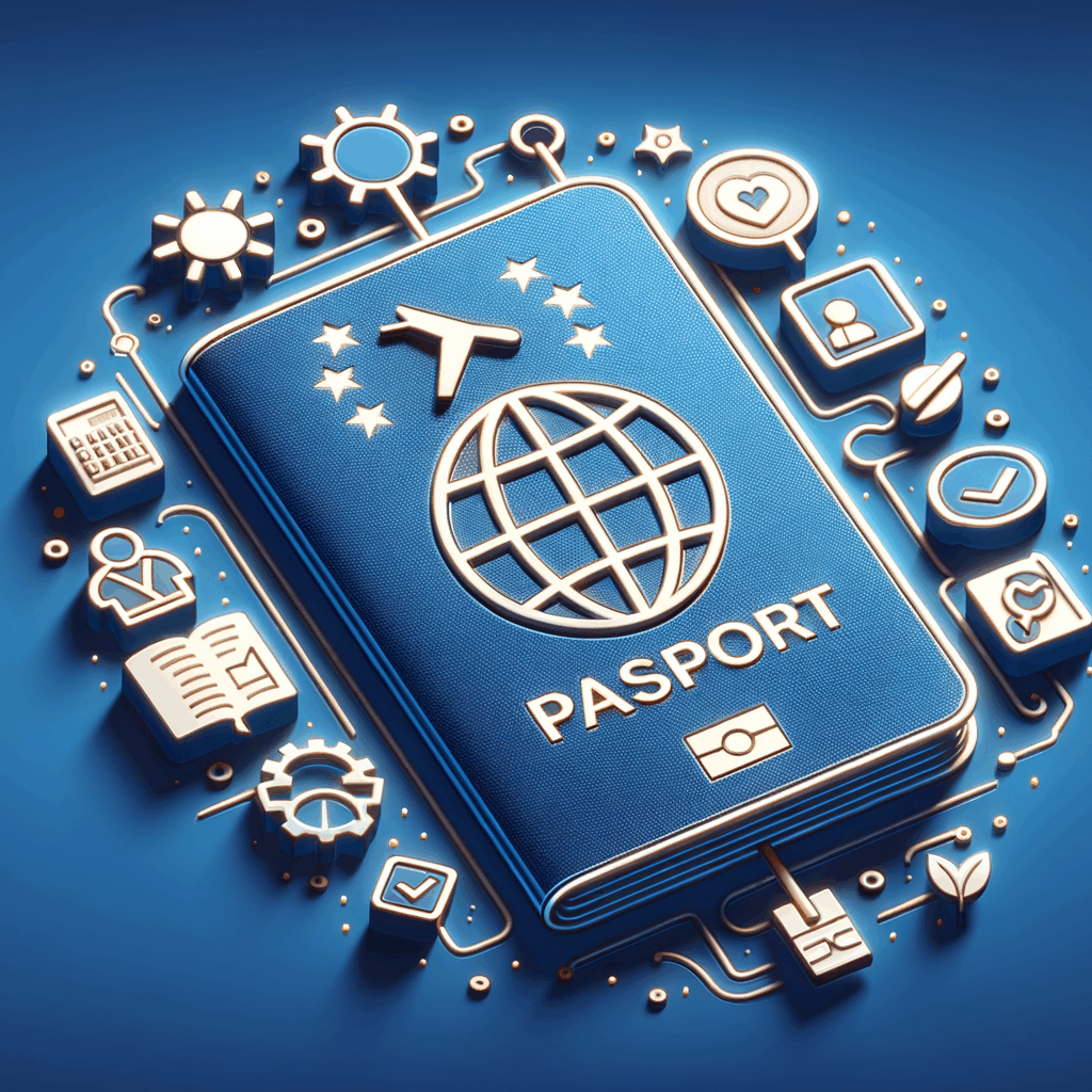 Un passaporto digitale stilizzato su uno sfondo blu UE, con icone che rappresentano soft skill come collaborazione, problem solving e leadership, design moderno e pulito