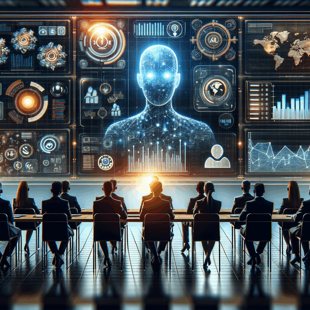 Un team HR davanti a schermi che mostrano video e analisi digitali, atmosfera professionale e tecnologica, simboli di IA e sicurezza informatica.