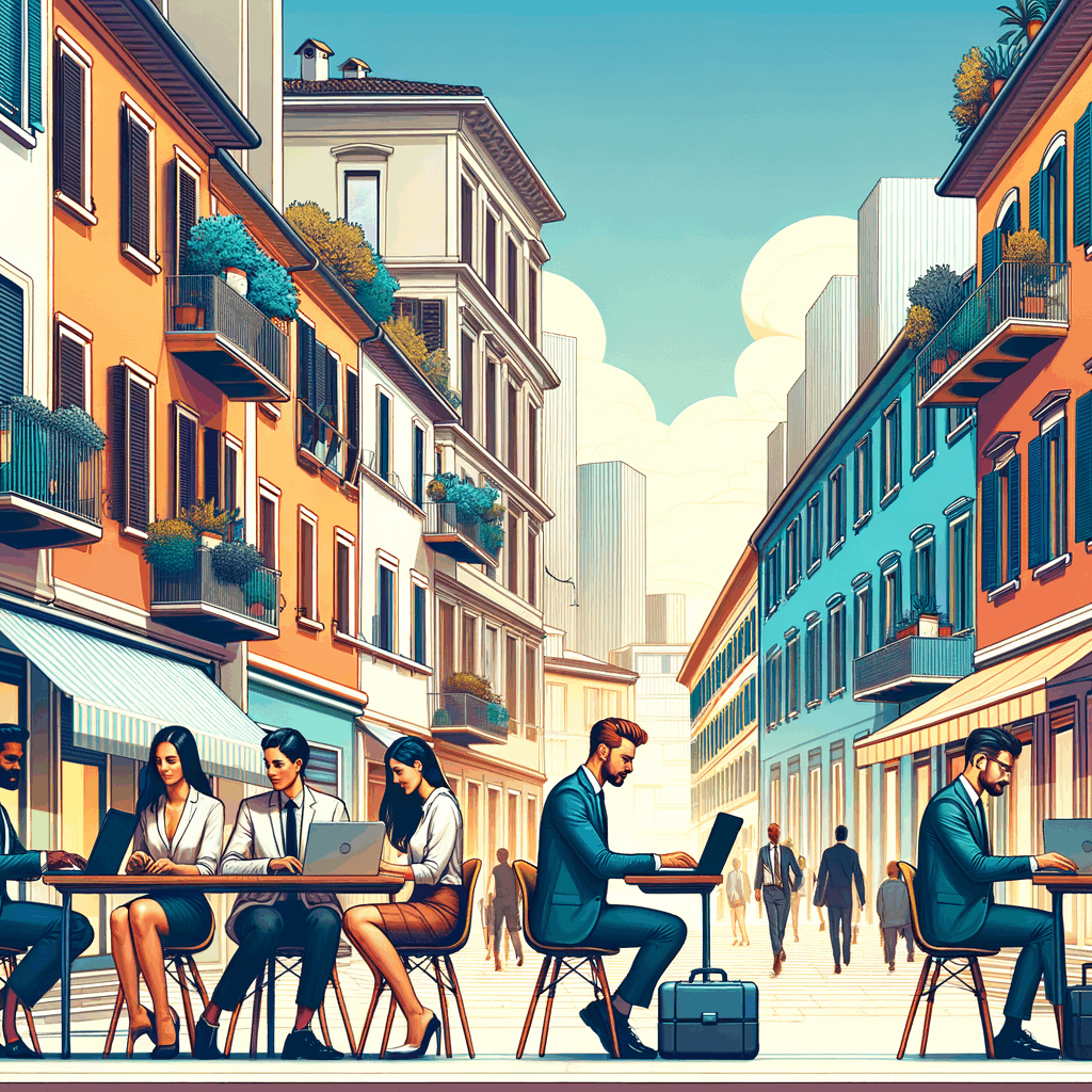 Una moderna scena urbana italiana con piccoli uffici di quartiere, persone che lavorano con laptop, atmosfera collaborativa, colori luminosi, stile professionale.