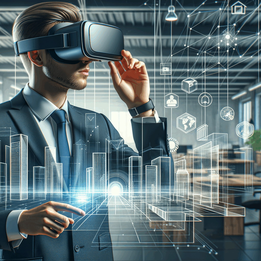 Un candidato indossa un visore VR mentre interagisce con un ambiente di lavoro virtuale moderno, in un ufficio luminoso, atmosfera professionale e tecnologica.