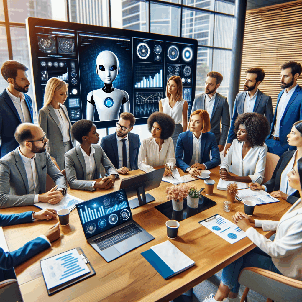 Un gruppo eterogeneo di giovani professionisti e manager riuniti attorno a un tavolo moderno, mentre consultano dashboard digitali e discutono con un assistente AI rappresentato da uno schermo, in un ambiente aziendale high-tech e luminoso. Stile professionale, colori vivaci, formato 16:9.