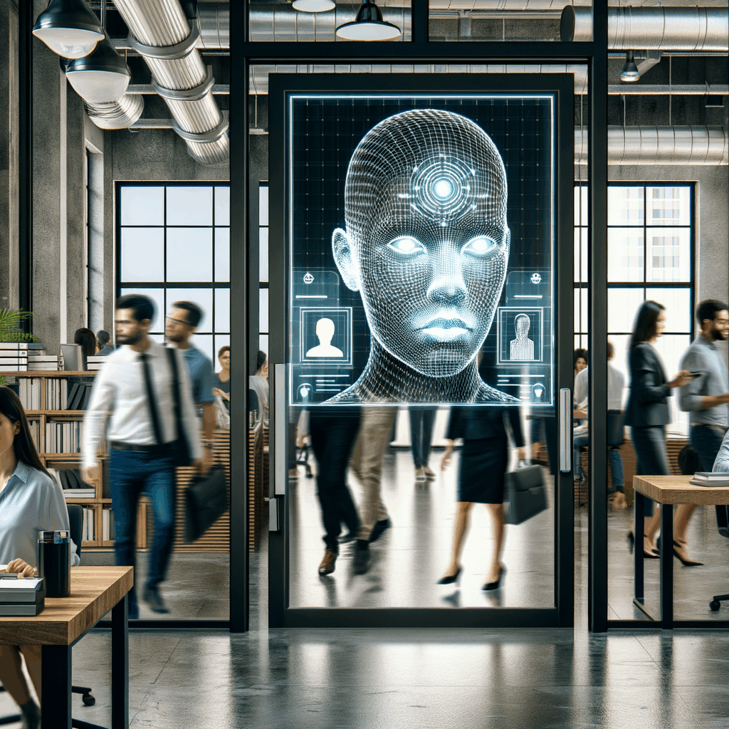 Ufficio moderno con dipendenti, scanner facciale all'ingresso, atmosfera professionale, schermo che mostra dati biometrici stilizzati