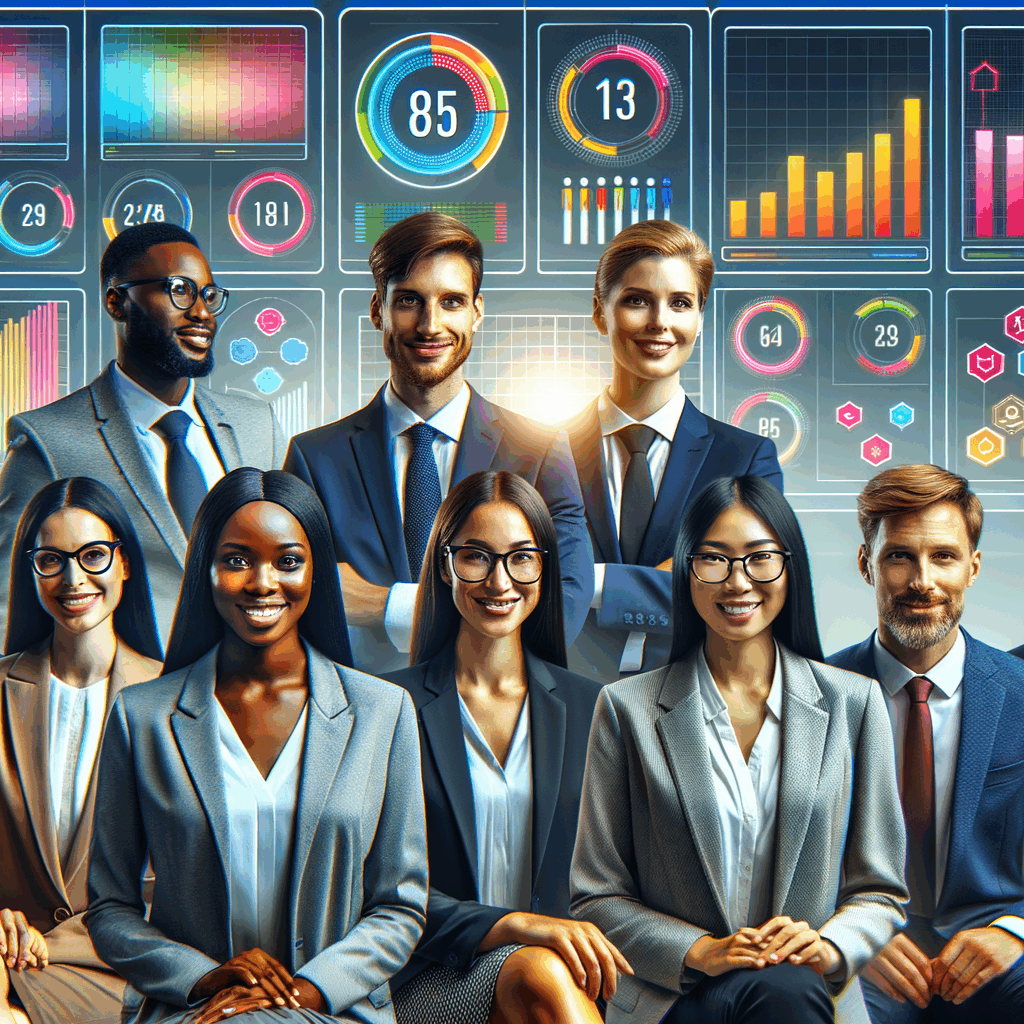 Team aziendale moderno che partecipa a una sfida gamificata con dashboard digitale, atmosfera collaborativa, colori vivaci, stile professionale, formato 16:9