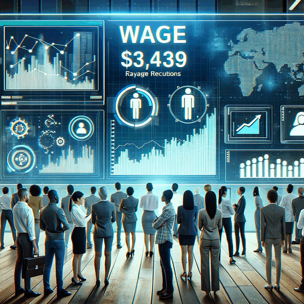 Grafico digitale moderno che mostra dati salariali in tempo reale su uno schermo, candidati e recruiter che osservano grafici e statistiche