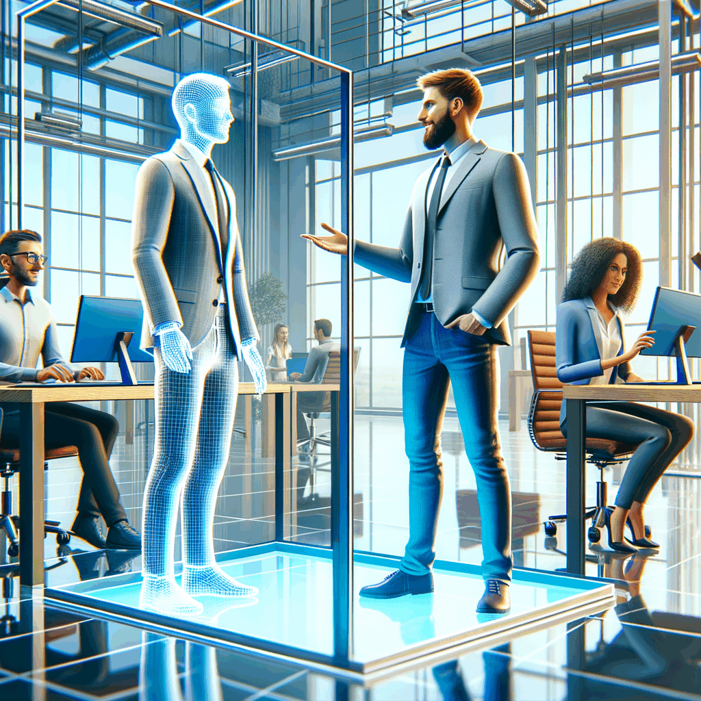 Nuovi assunti che interagiscono attraverso avatar 3D in un ufficio virtuale moderno, atmosfera collaborativa e professionale, colori aziendali, stile realistico