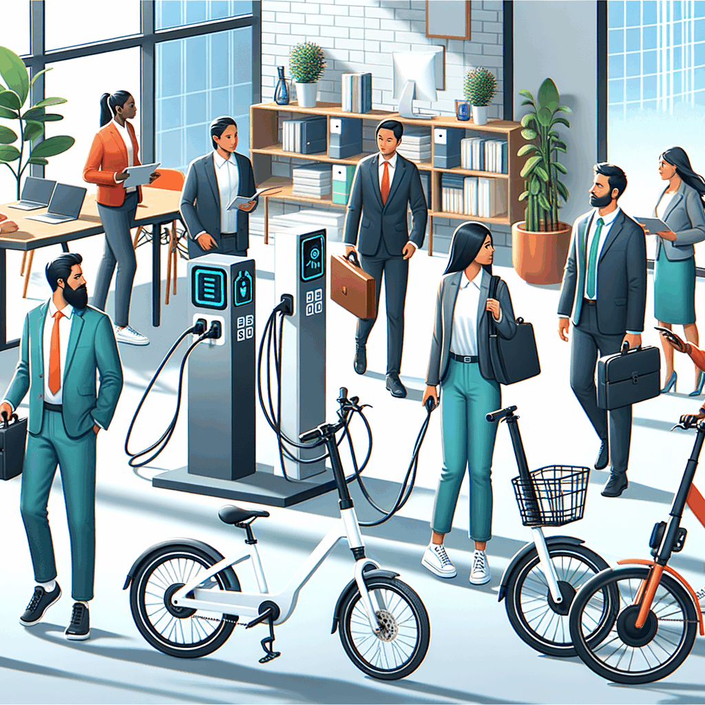 Una scena in ufficio moderno con dipendenti che arrivano in bici elettriche e monopattini, parcheggiati accanto a colonnine di ricarica, atmosfera dinamica e sostenibile