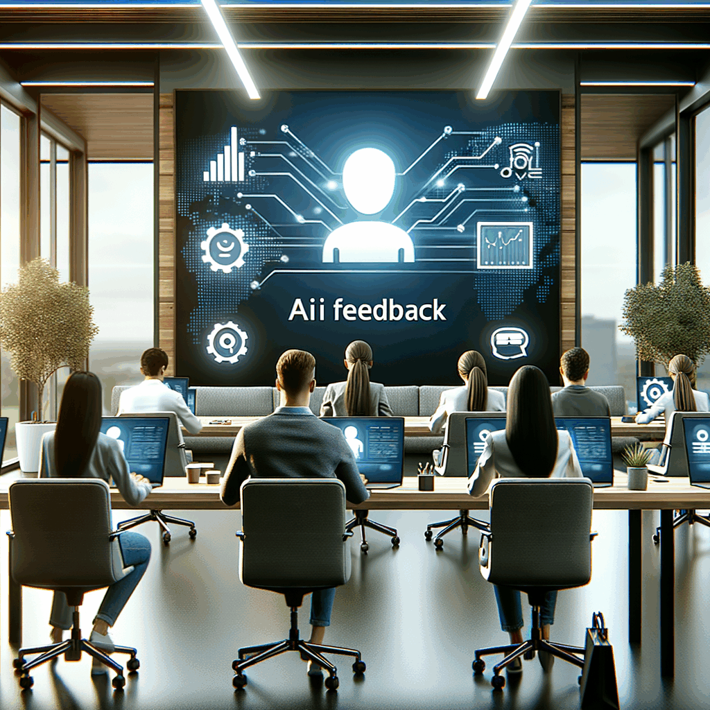 Un team di dipendenti in un ufficio moderno riceve feedback istantaneo su laptop da una piattaforma AI, atmosfera tech, colori aziendali, stile professionale