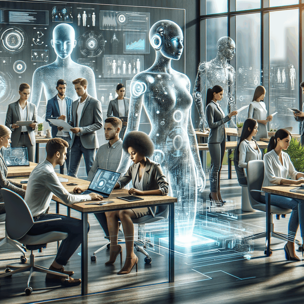 Un team misto di persone e avatar AI che collaborano in un ufficio moderno, con grafici digitali e interfacce olografiche, stile business, luce naturale.