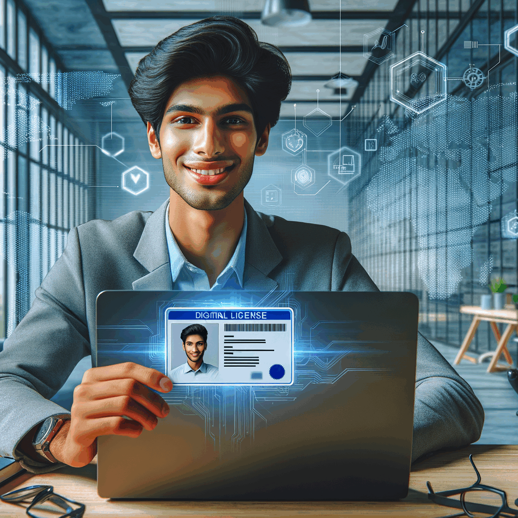 Un impiegato giovane mostra con orgoglio una licenza digitale sullo schermo del laptop, in un ambiente lavorativo moderno e tecnologico, stile fotografico professionale