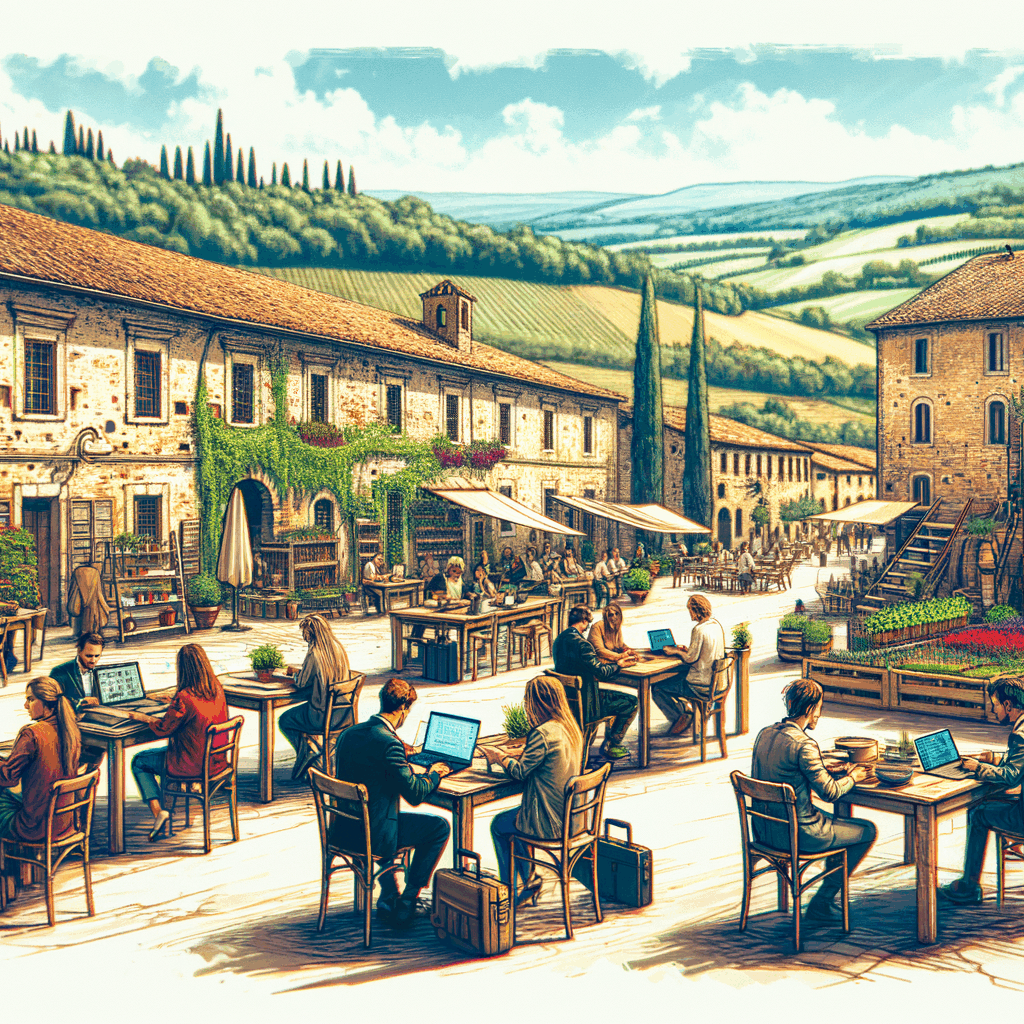 Un micro-coworking rurale in un borgo italiano: professionisti al lavoro tra mura storiche, connessione internet, natura e atmosfera collaborativa.