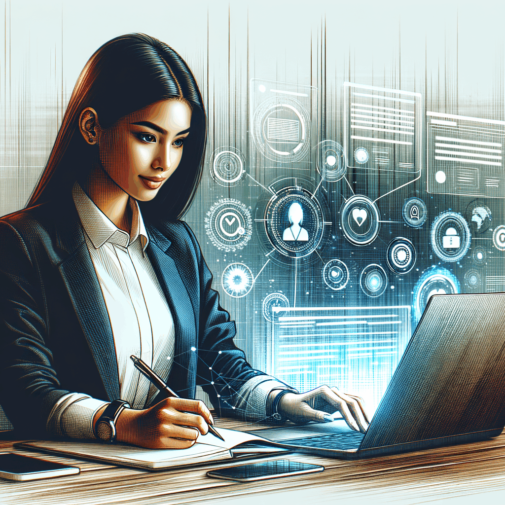 Una giovane professionista seduta a una scrivania, laptop acceso, appunti digitali e badge digitali visibili sullo schermo, atmosfera moderna e dinamica