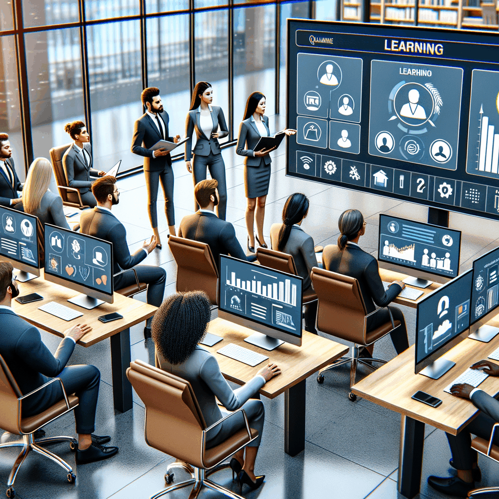 Dipendenti in un ambiente aziendale moderno che partecipano a una sessione di formazione online, schermi con dashboard di apprendimento, atmosfera collaborativa