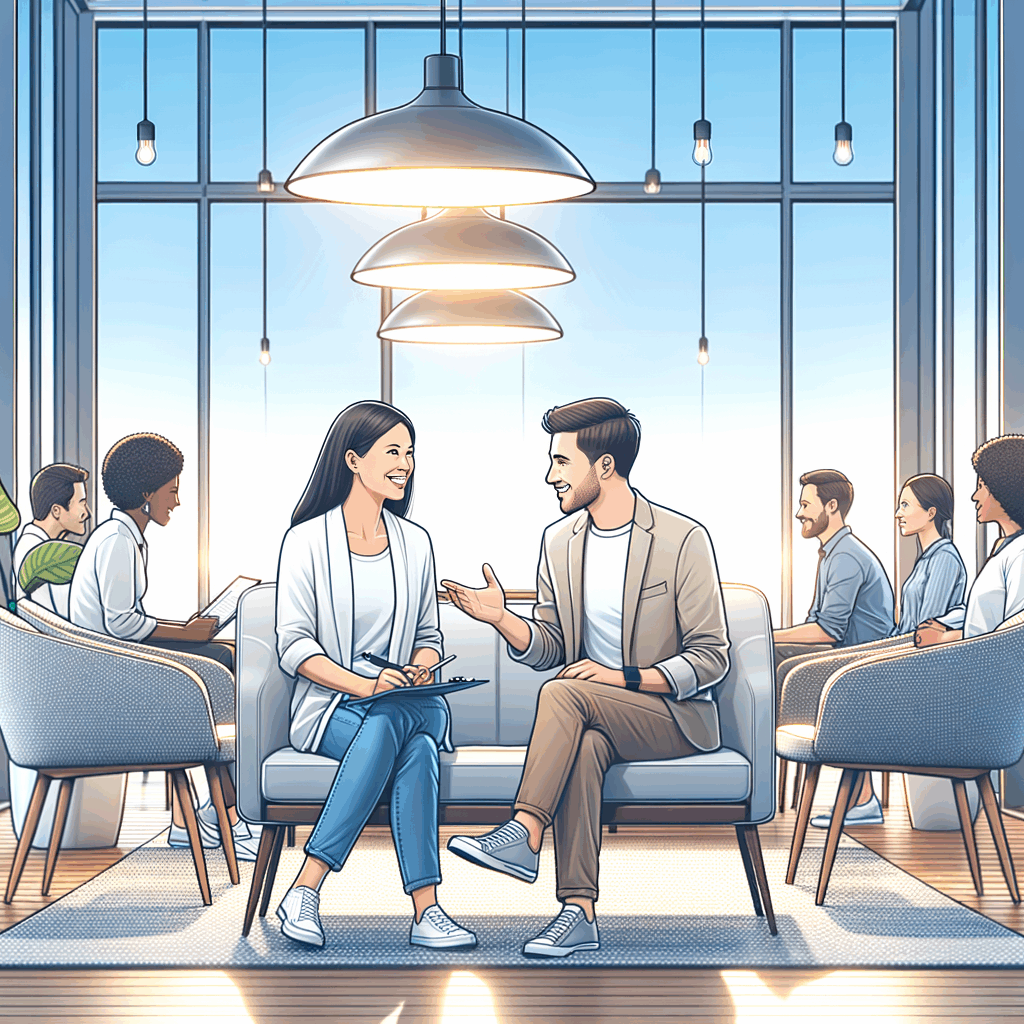 Ufficio moderno con dipendenti sereni, uno parla con una psicologa, atmosfera luminosa, elementi visivi che richiamano benessere psicologico, stile professionale