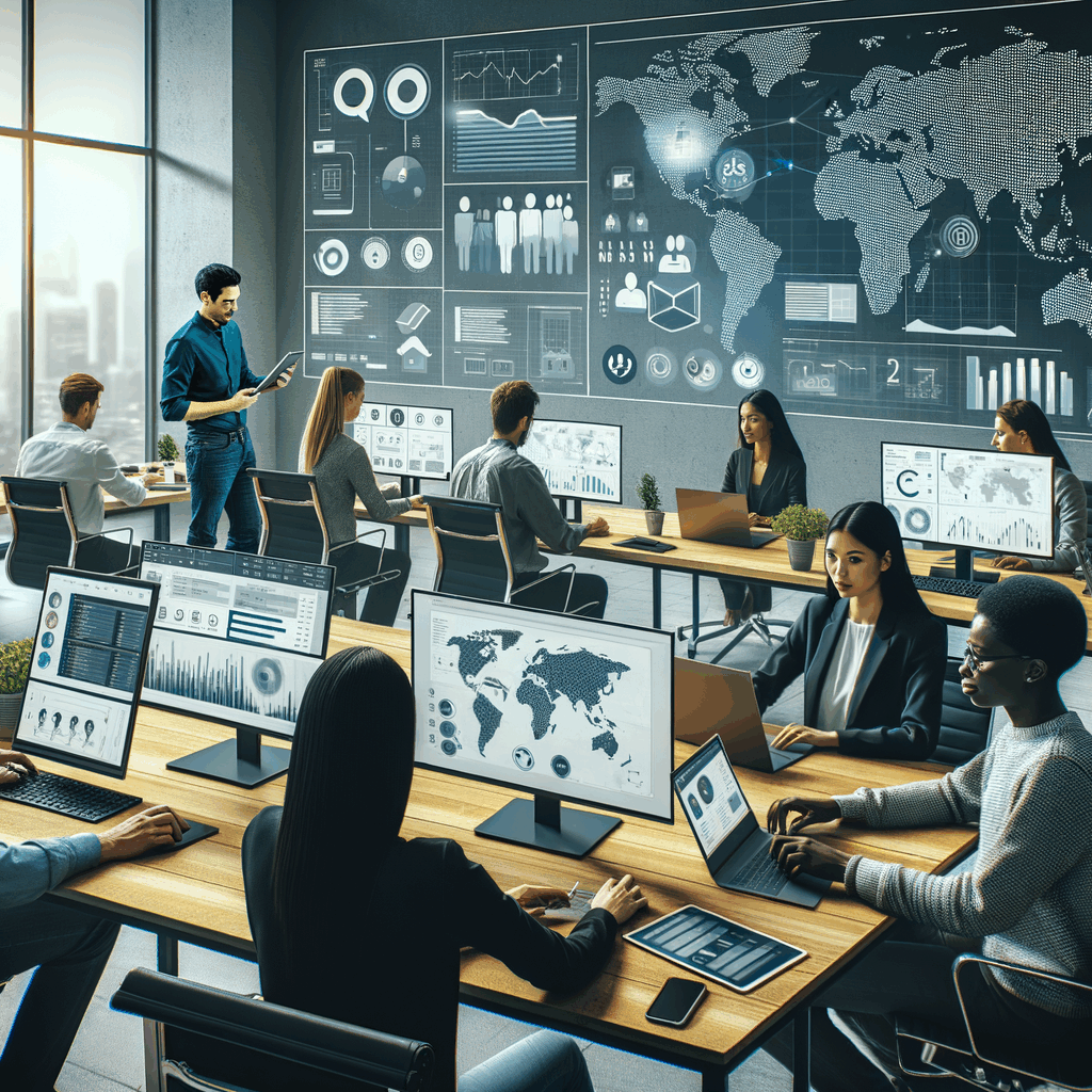 Un team internazionale che lavora da remoto su dispositivi diversi, con dashboard digitali e strumenti di collaborazione visibili sullo sfondo, atmosfera moderna