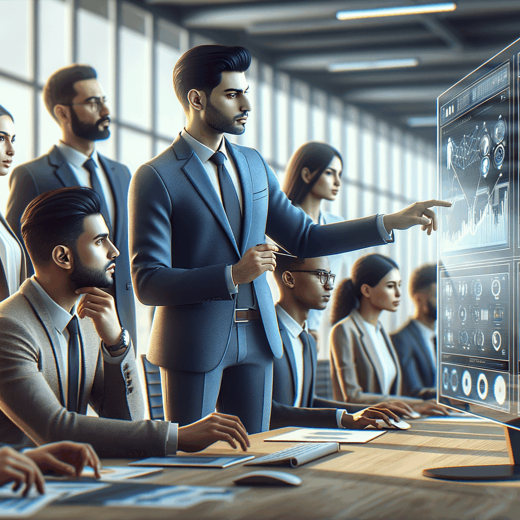 Manager e dipendenti in ufficio moderno, esaminano dashboard digitali con grafici su competenze AI, atmosfera professionale, colori neutri, 16:9