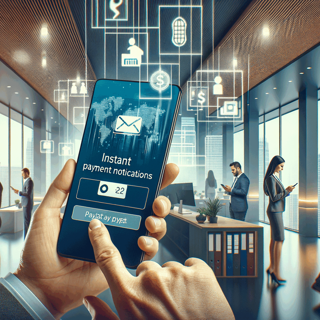 Ufficio moderno con dipendenti che ricevono notifiche di pagamento istantaneo su smartphone, atmosfera positiva, colori aziendali e tecnologia in evidenza