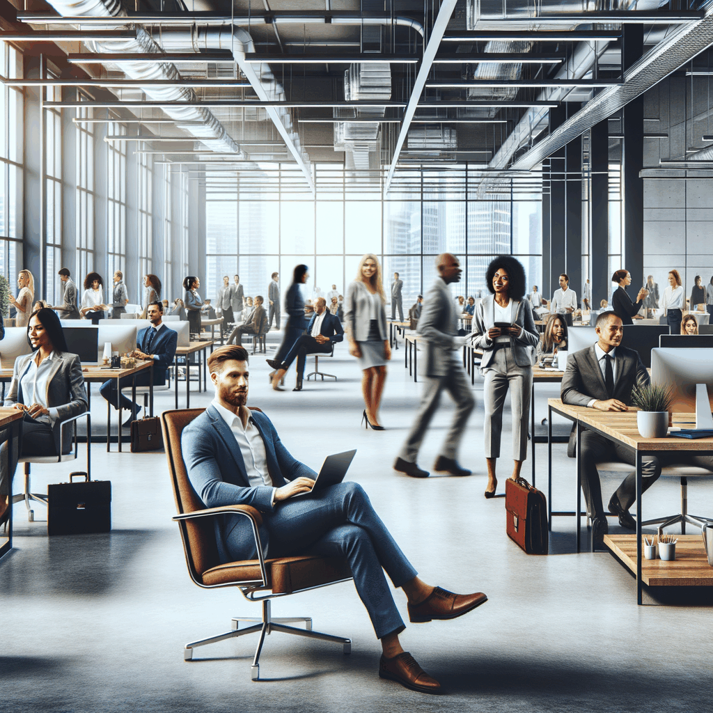 Un moderno ufficio open space con lavoratori rilassati, qualcuno in procinto di partire per le vacanze, atmosfera di fiducia e benessere.
