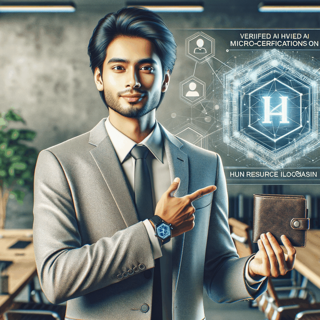Un professionista che mostra un wallet digitale con micro-certificazioni AI verificate su blockchain, in un ambiente moderno di ufficio HR, stile professionale, colori neutri.