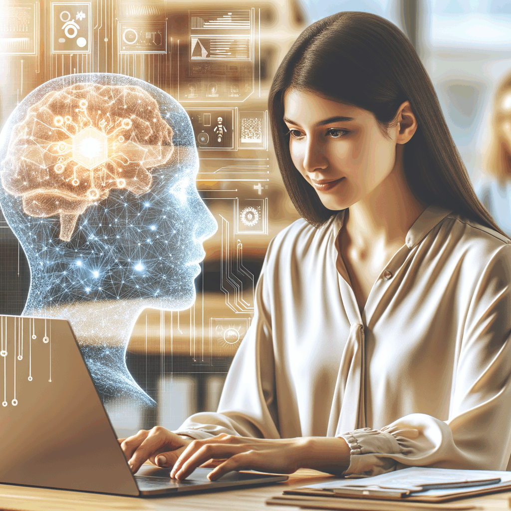 Una giovane professionista neurodiversa utilizza una piattaforma AI su laptop moderno in un ufficio inclusivo, ambiente luminoso e collaborativo.