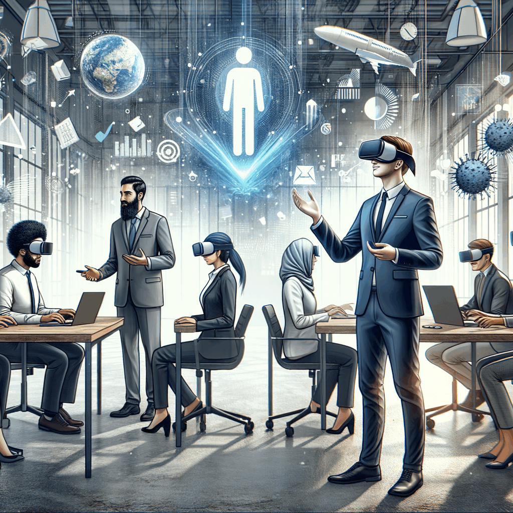 Una scena professionale in un ambiente aziendale moderno, persone con visori AR che interagiscono con elementi virtuali fluttuanti, atmosfera innovativa e collaborativa.