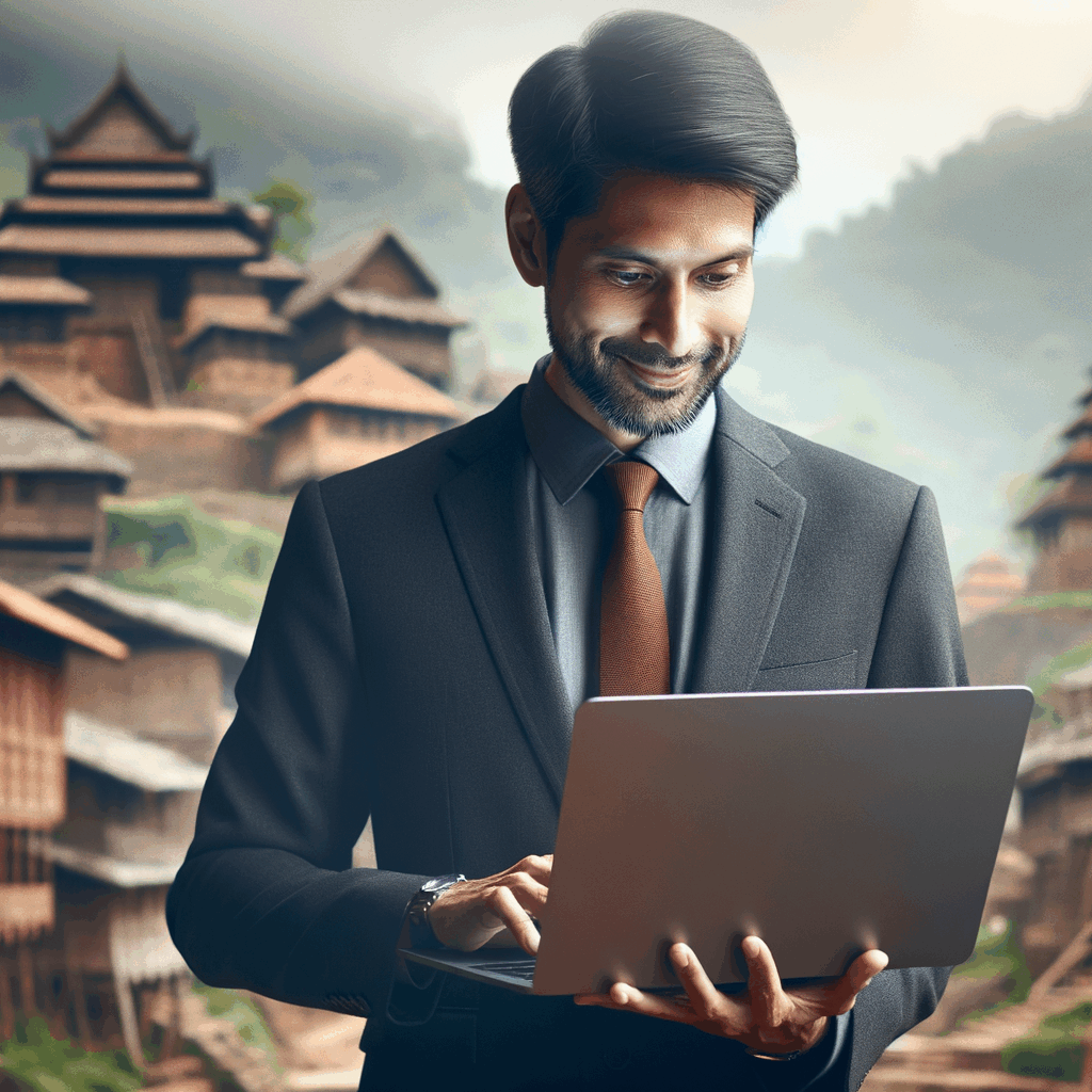 Professionista italiano con laptop che consulta una piattaforma digitale, sfondo paesaggio di borgo antico rinato, atmosfera collaborativa e innovativa