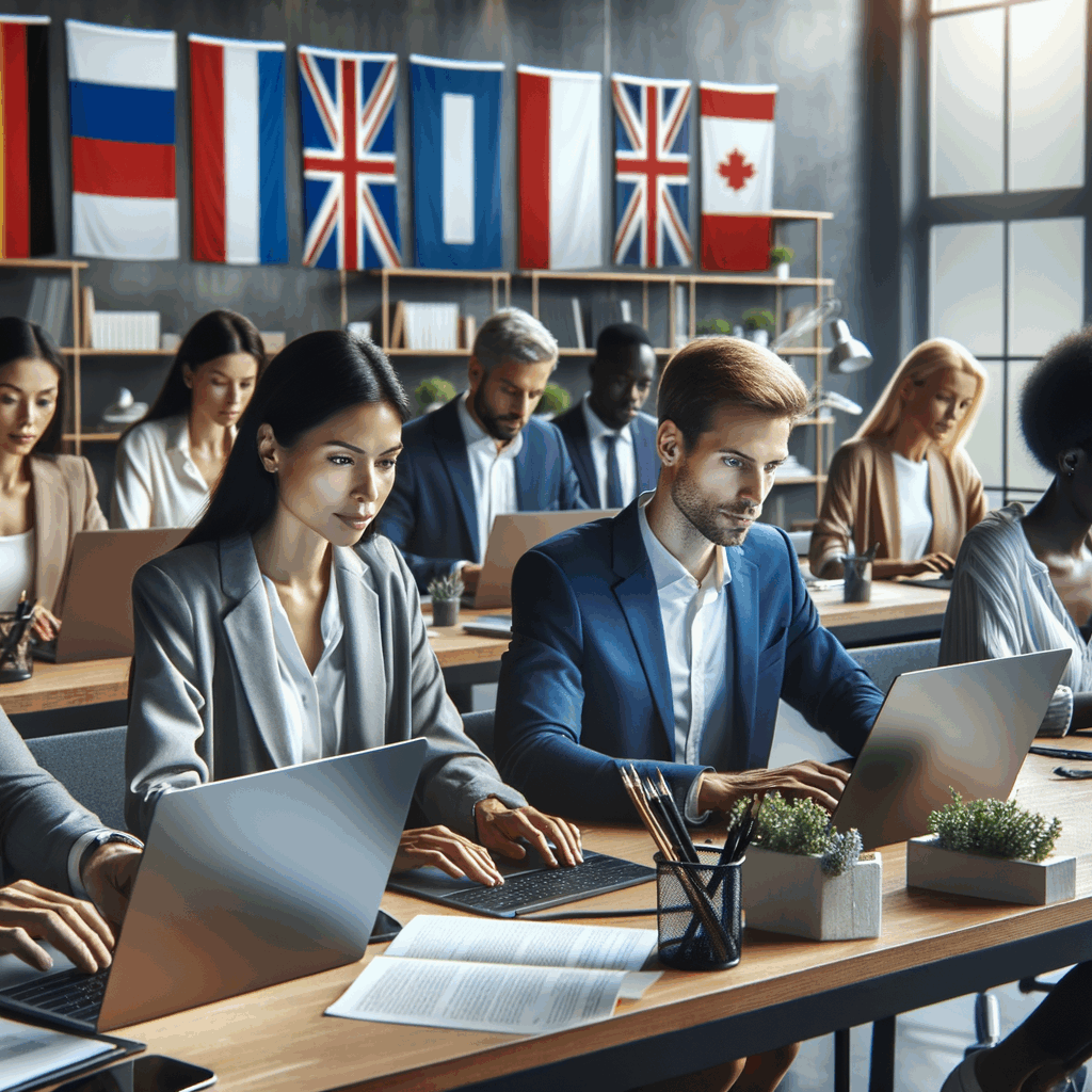 Professionisti di diverse nazionalità che lavorano insieme su laptop in un ufficio moderno, elementi digitali e bandiere internazionali, atmosfera collaborativa
