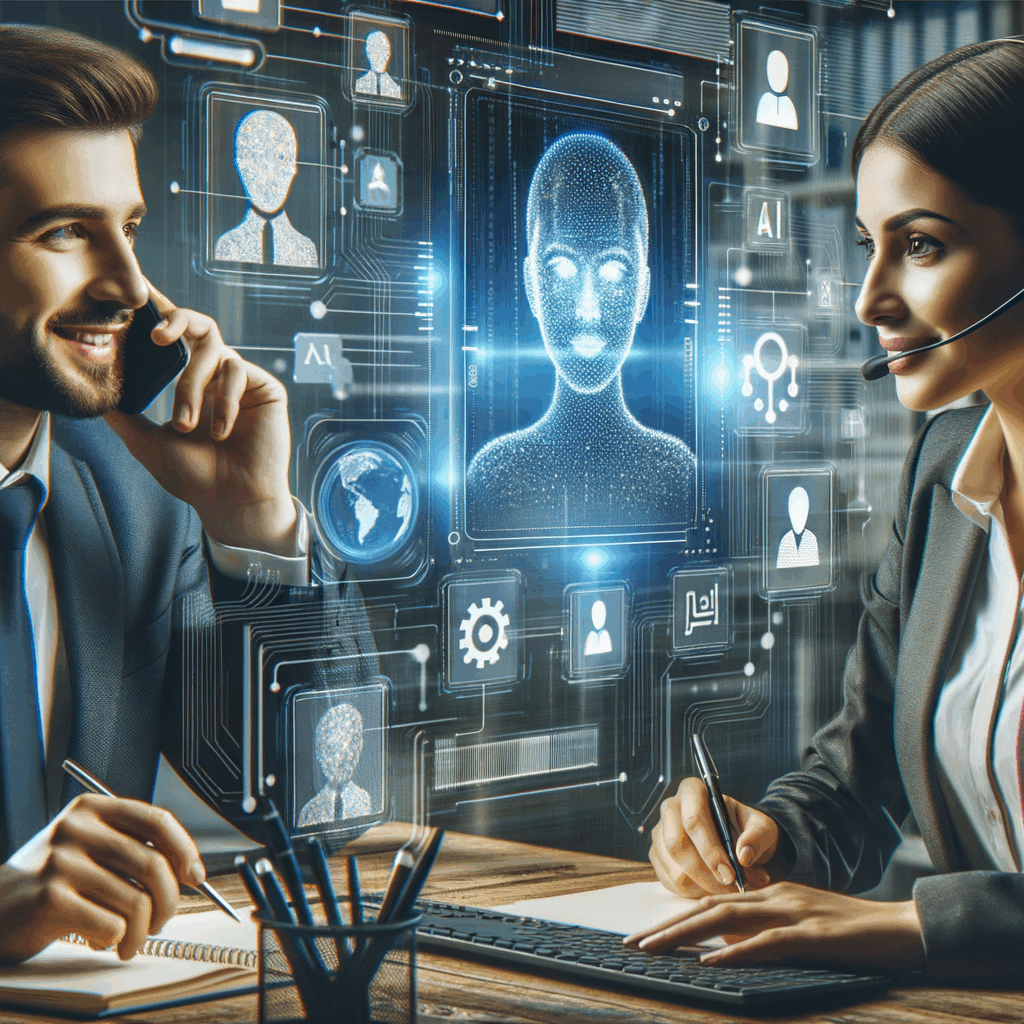 Immagine professionale 16:9 di due manager che comunicano da uffici diversi tramite una piattaforma AI, con elementi grafici digitali e icone di networking.