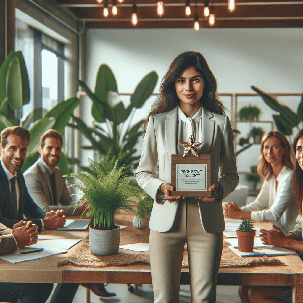Gruppo di professionisti in ufficio moderno con elementi green (piante, luce naturale), uno riceve un premio per aver segnalato un nuovo talento sostenibile