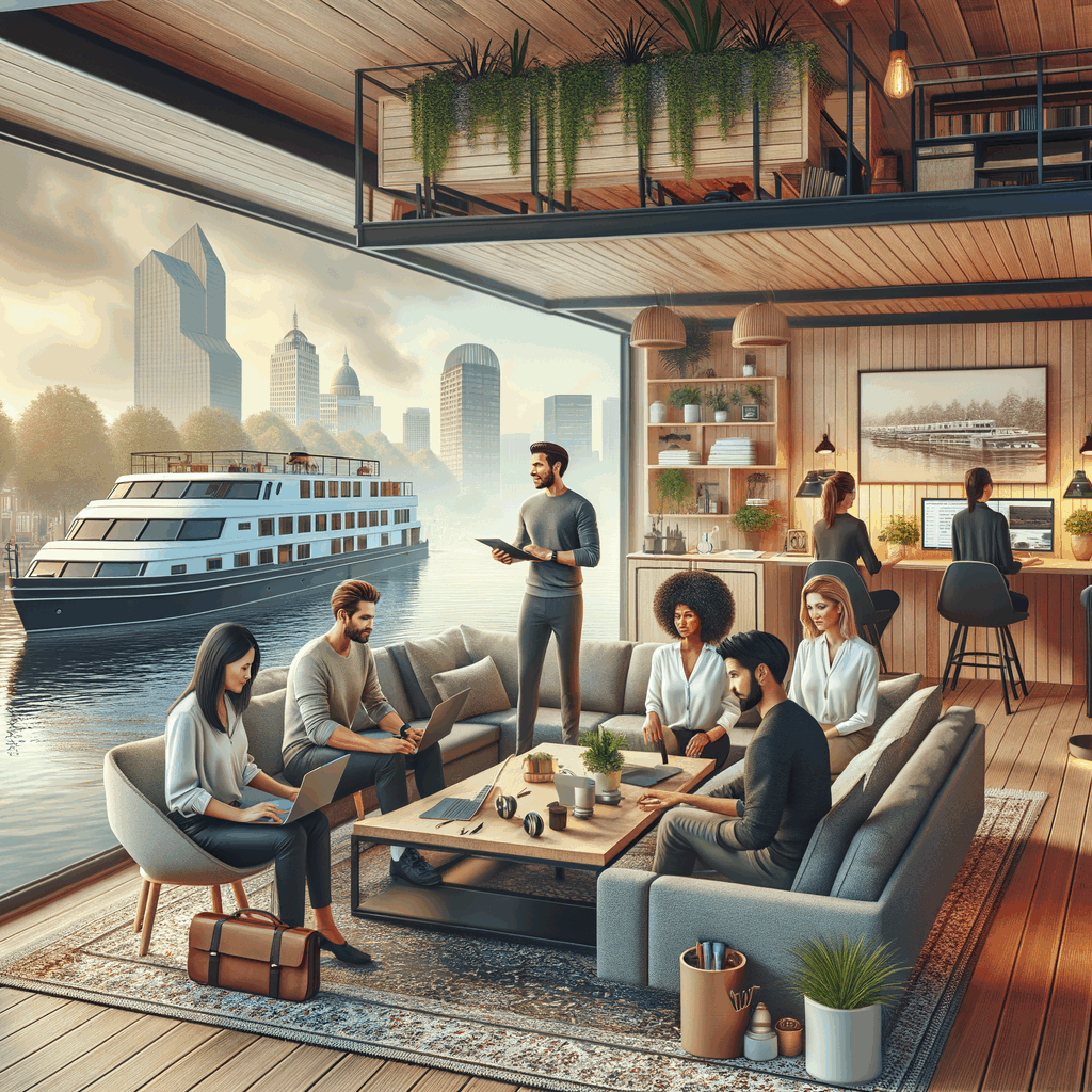 Coworking moderno su houseboat con professionisti al lavoro, ambiente naturale sull'acqua, atmosfera rilassata, tecnologia, networking, stile europeo