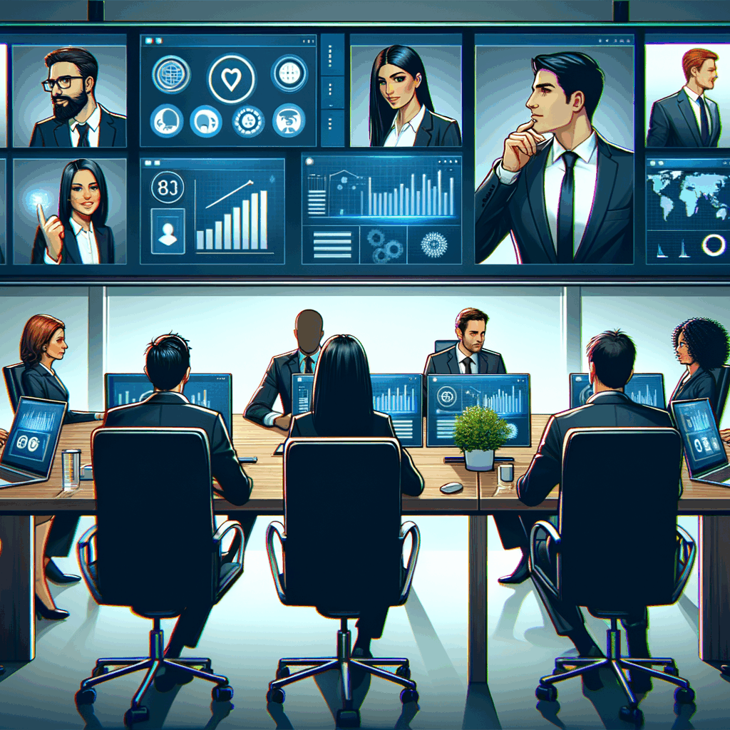 Professionisti al computer connessi in videoconferenza, schermi che mostrano dashboard e workflow, atmosfera moderna e tecnologica, stile business, 16:9