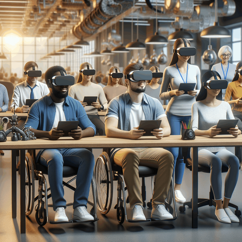 Un gruppo di lavoratori, inclusi persone con disabilità visibili, utilizza visori e dispositivi XR in un ambiente d’ufficio moderno, atmosfera collaborativa e inclusiva