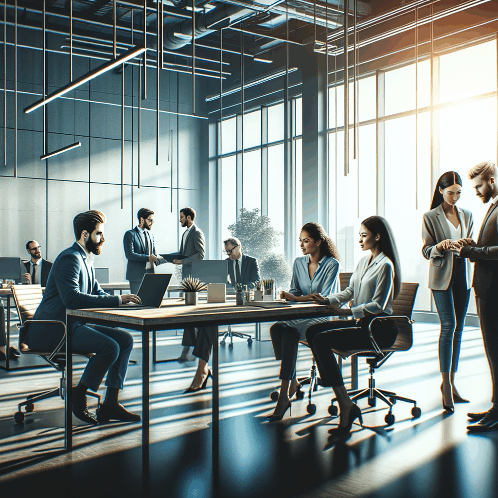 Team di impiegati in un ufficio moderno che interagiscono senza dispositivi digitali, atmosfera serena e collaborativa, luce naturale, stile professionale