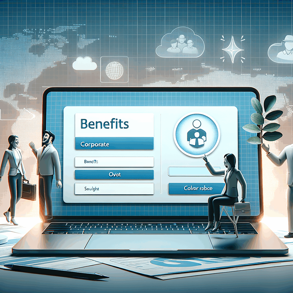 Interfaccia digitale di una piattaforma di benefit aziendali su uno schermo laptop, ambiente moderno, lavoratori sorridenti, atmosfera professionale