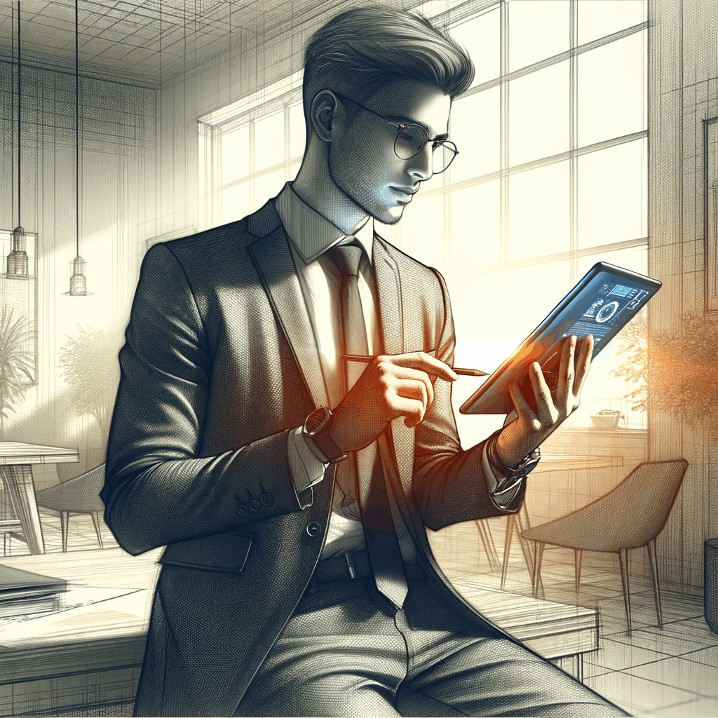 Un professionista che mostra sul tablet un passaporto digitale delle competenze, ambiente moderno, luce naturale, stile business, colori neutri