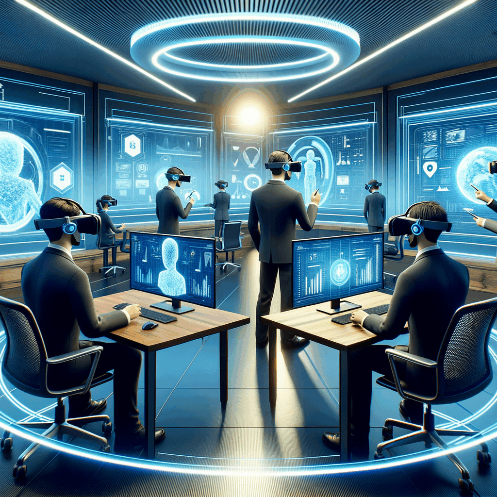 Ufficio virtuale 3D con avatar in VR che collaborano in uno spazio immersivo futuristico, con visori e lavagne digitali