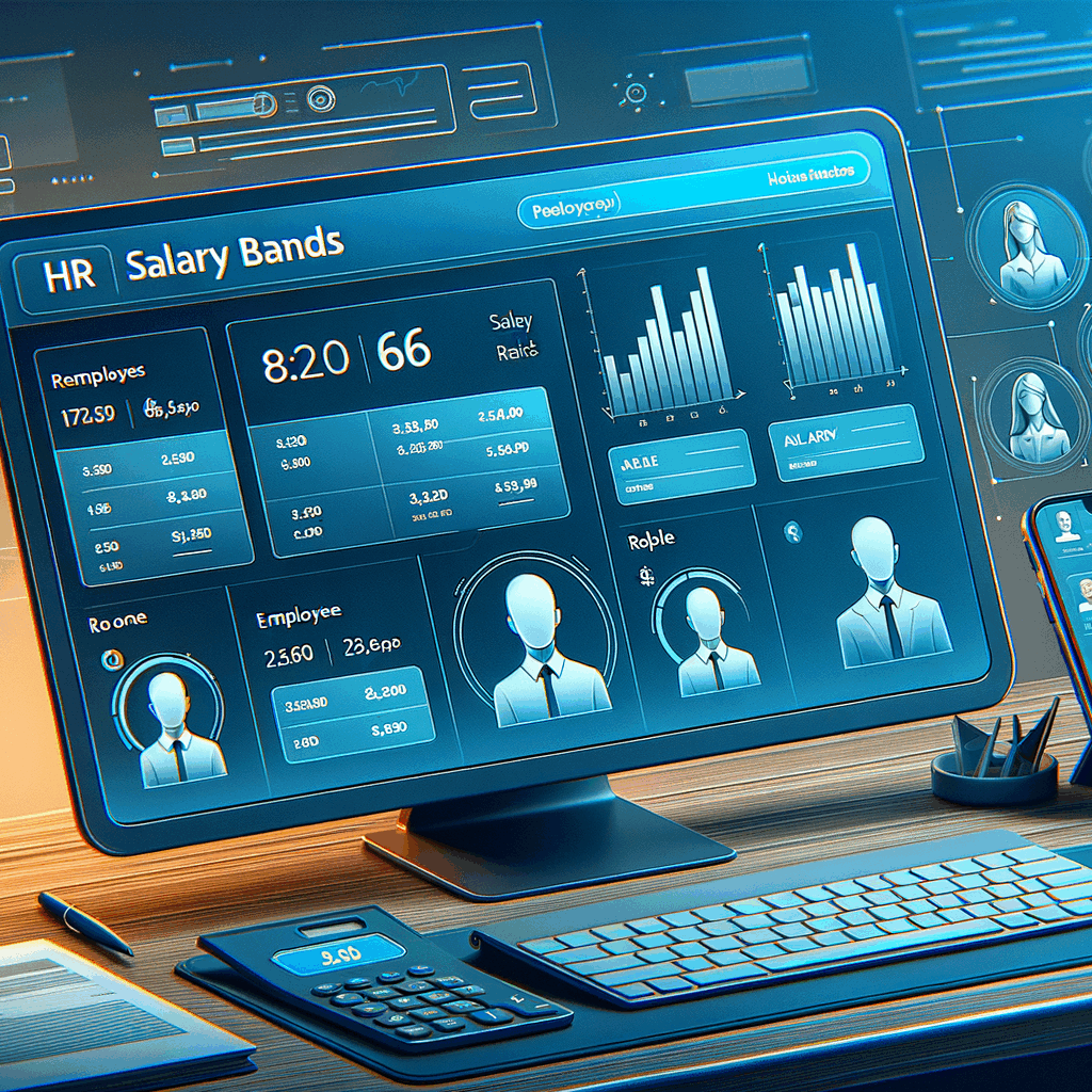 Dashboard di un'app HR che mostra salary band per diversi ruoli, con grafici e profili dipendenti, in stile moderno e professionale, 16:9