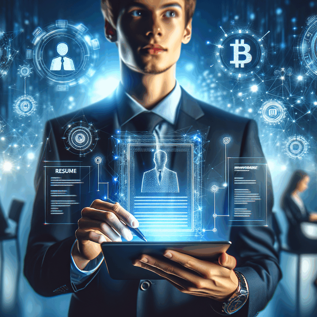 Un giovane professionista mostra un CV digitale su tablet, con simboli di blockchain e NFT in background moderno e tecnologico, luci blu e toni futuristici